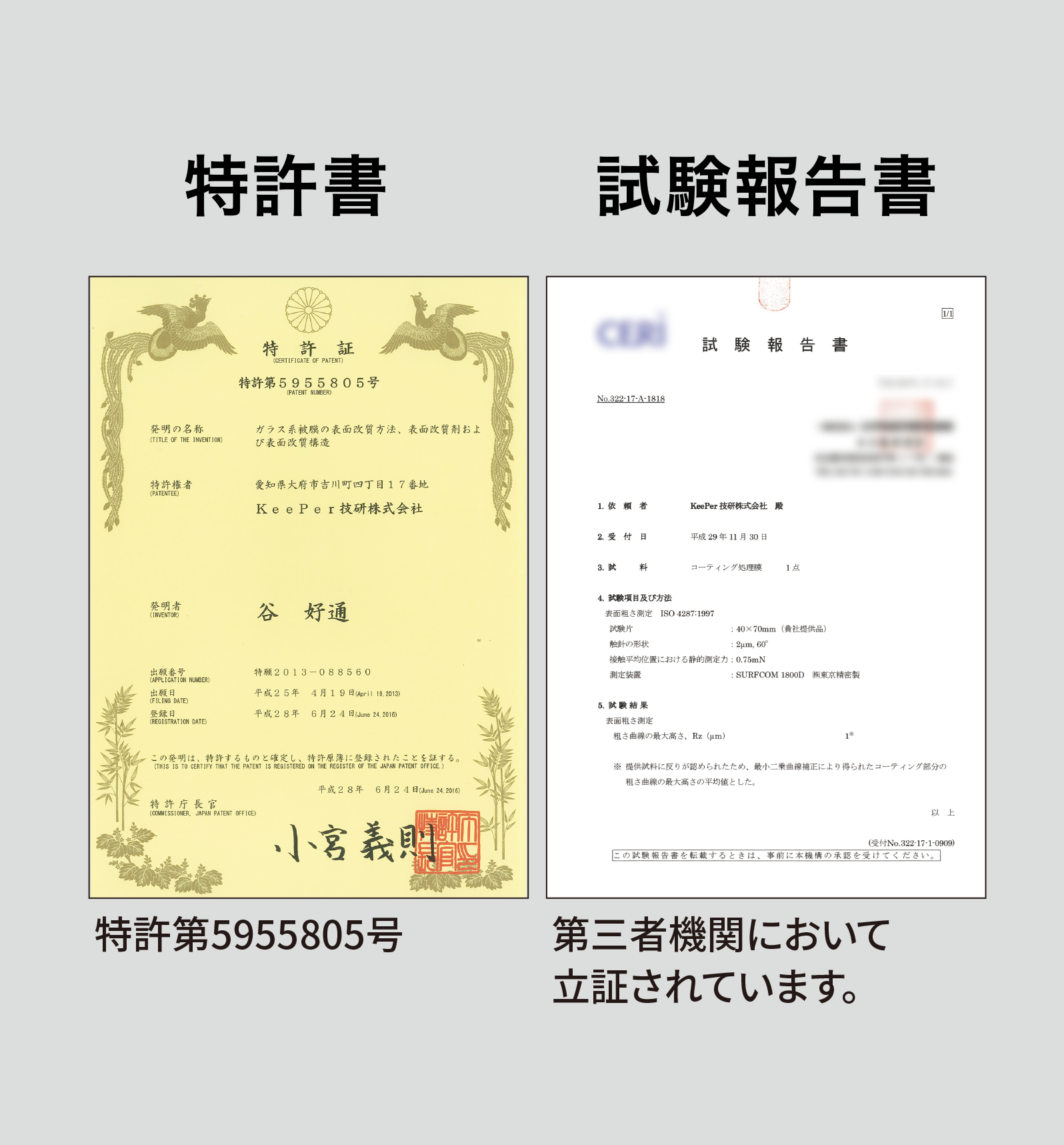 特許書と試験報告書